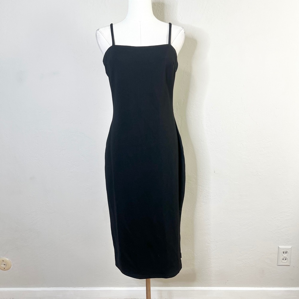 Lulus Dress Midi Bodycon Paulina Size L Black Spaghetti Strap Square Neck Zip